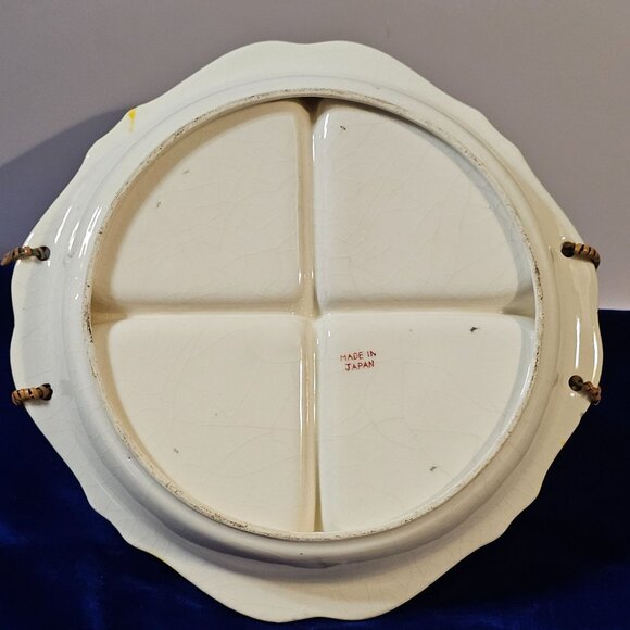 Vintage Ceramic Divided Serving Dish With Floral Design & Wicker Handle - Picture 14 of 16